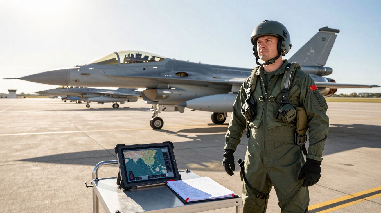 Piloto militar em fato de voo verde está de pé junto a avião de caça F-16 em pista de aeródromo ensolarada.