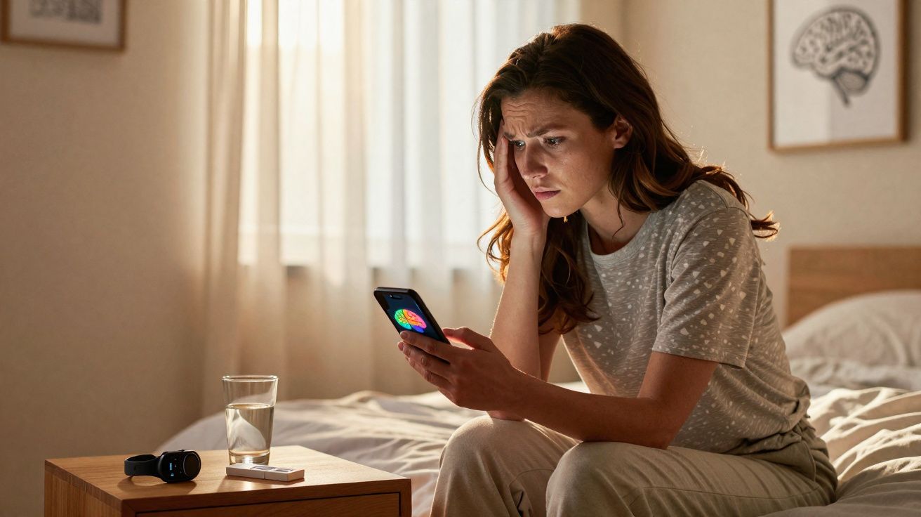 Mulher sentada na cama com expressão preocupada a olhar para o telemóvel numa manhã iluminada.