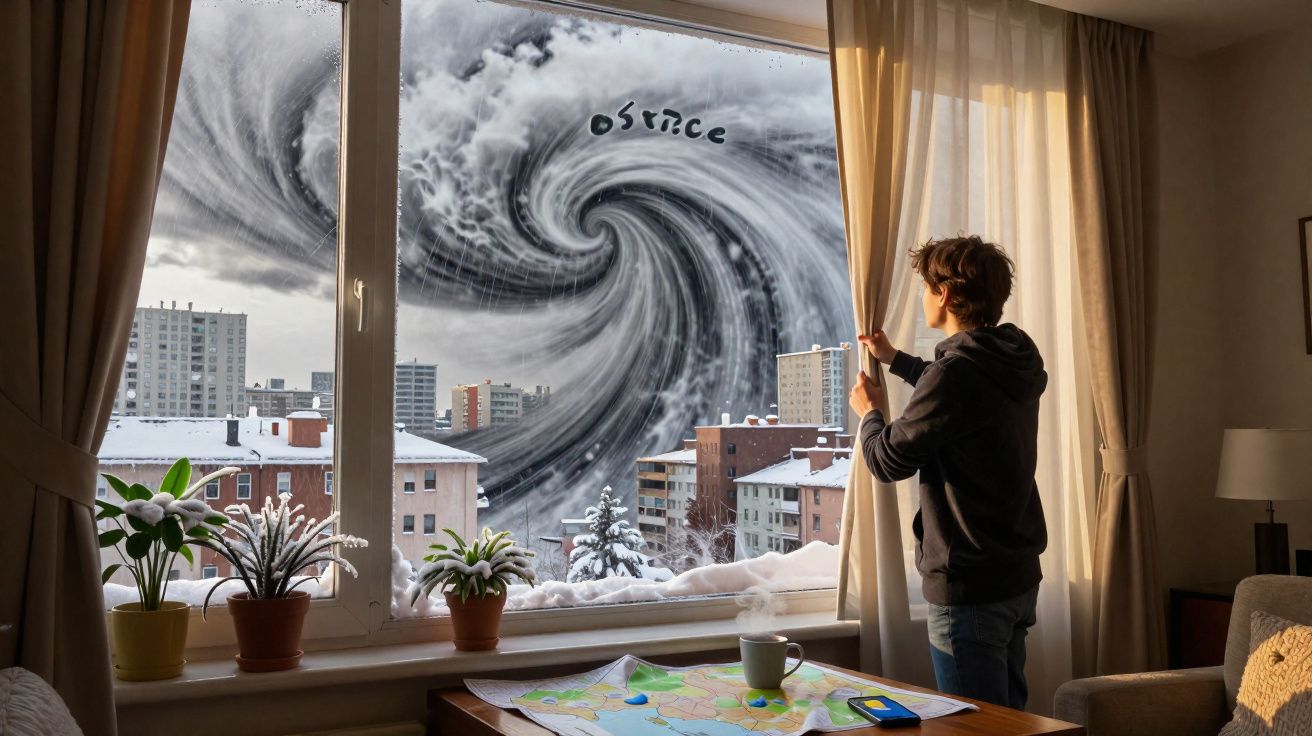 Pessoa a olhar pela janela de uma sala para um tornado em espiral com a palavra "obstacle" na tempestade.