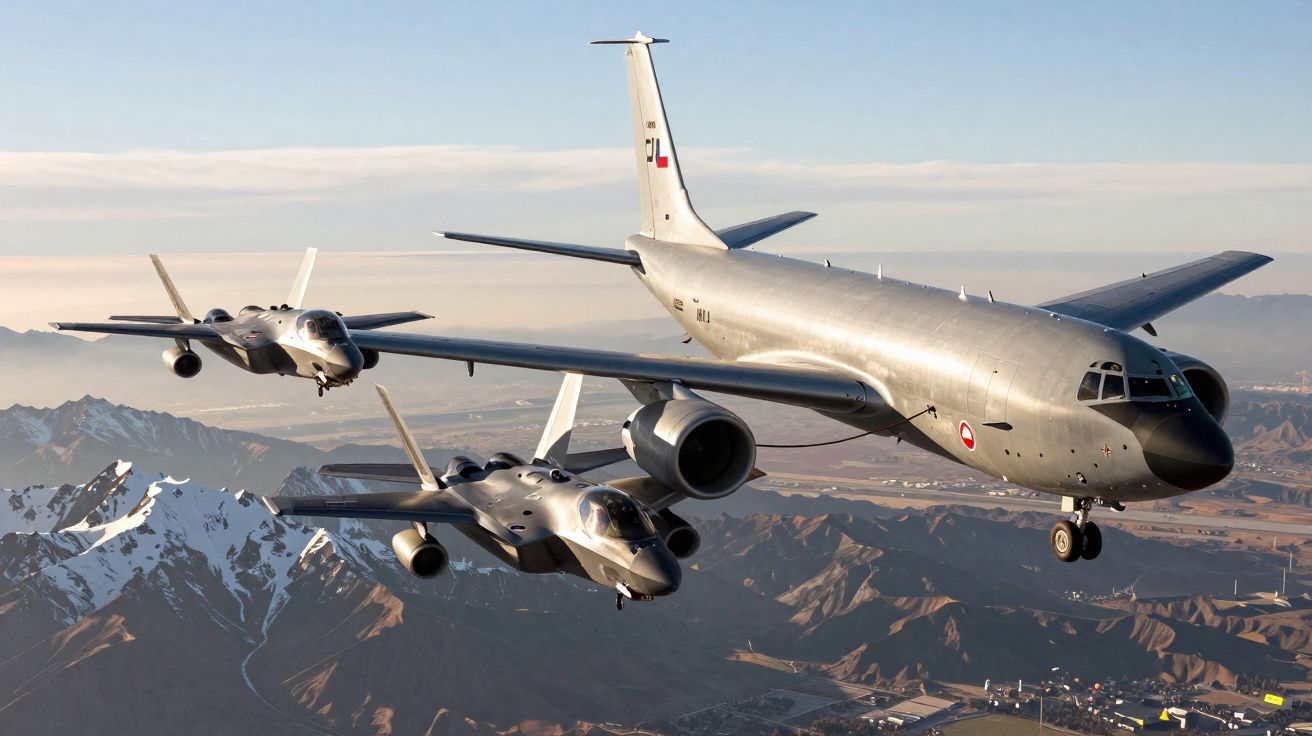 Aviões militares voando em formação sobre montanhas com picos cobertos de neve ao pôr do sol.
