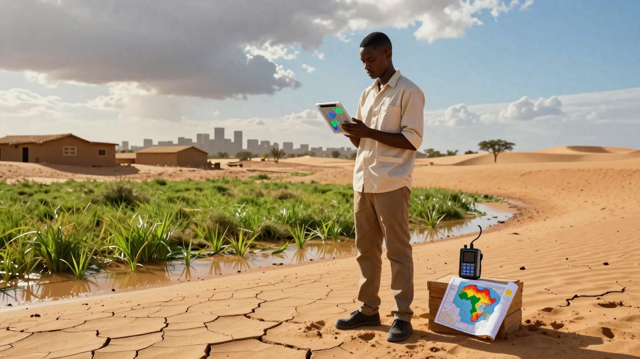 Homem usando tablet junto a mapa da África em área árida com vegetação e casas ao fundo.