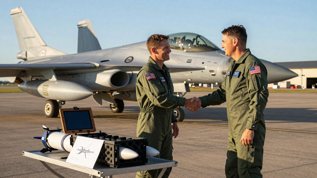 Dois pilotos militares cumprimentam-se junto a jacto de combate e armamento num aeroporto militar.