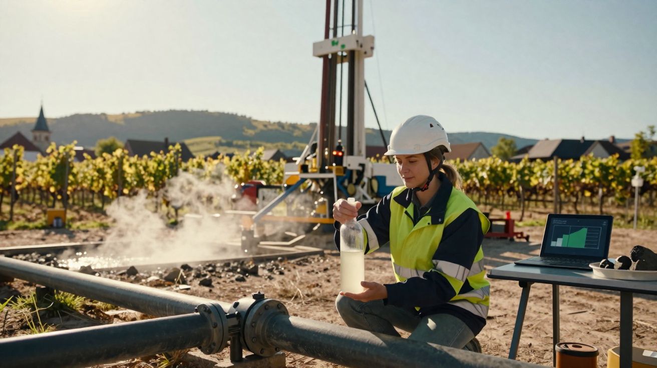 Técnica a analisar amostra de água num frasco, sentada no campo com equipamento de perfuração e computador portátil.