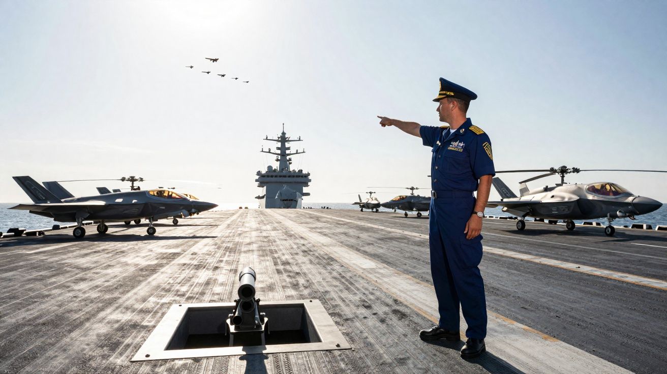 Oficial da marinha no convés de porta-aviões com caças e helicópteros enquanto aviões sobrevoam em formação.