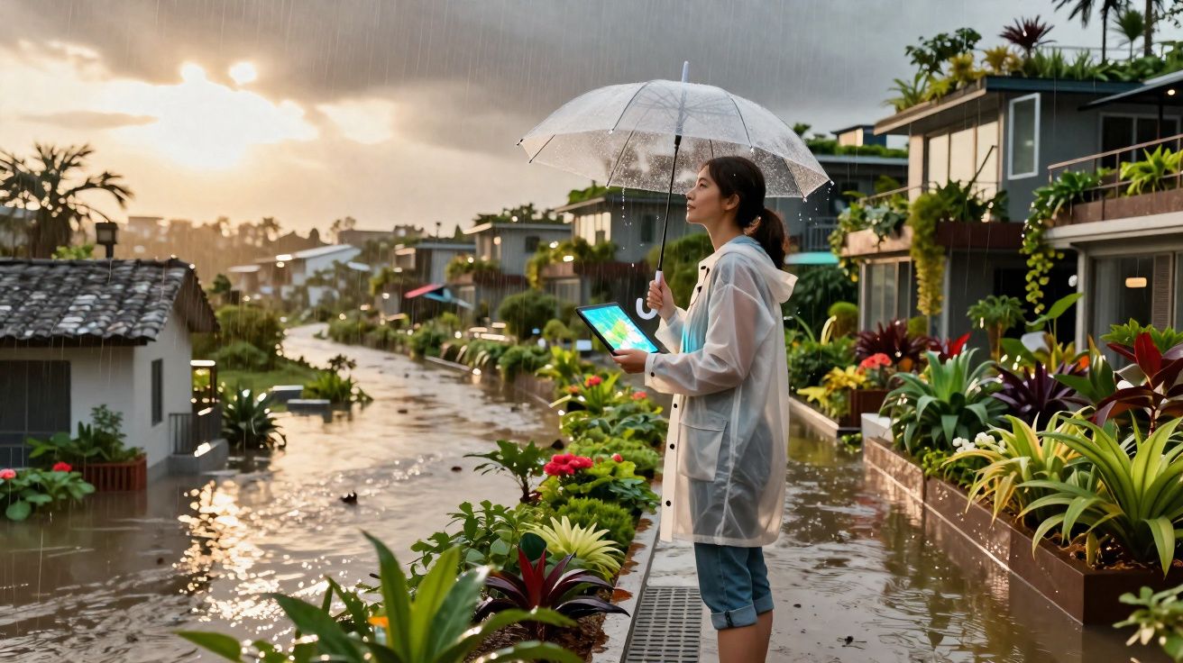 Mulher com casaco impermeável e guarda-chuva observa rua inundada com plantas e casas ao pôr do sol.