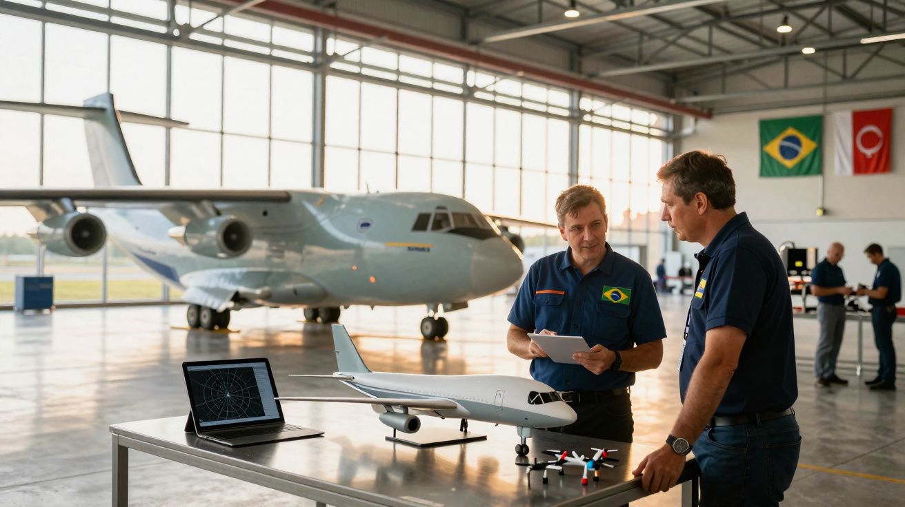 Dois engenheiros discutem projeto de avião com modelo e drone numa oficina aeronáutica com avião ao fundo.