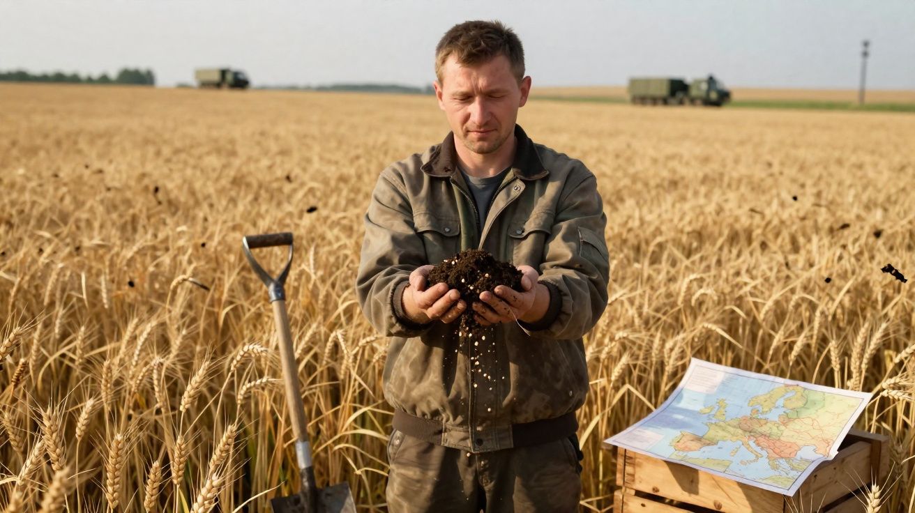 Homem agricultor segurando terra numa mão num campo de trigo maduro, com mapa da Europa numa caixa ao lado.