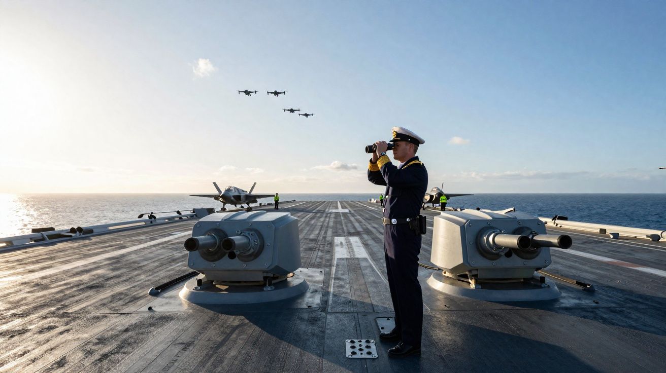 Oficial naval com binóculos em convés de porta-aviões observando cinco aviões a sobrevoar o mar.