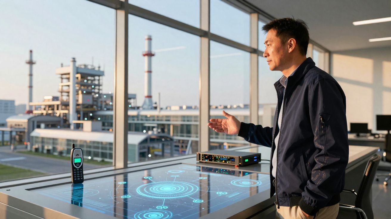 Homem asiático observa e interage com mesa digital futurista numa sala com vista para fábrica.