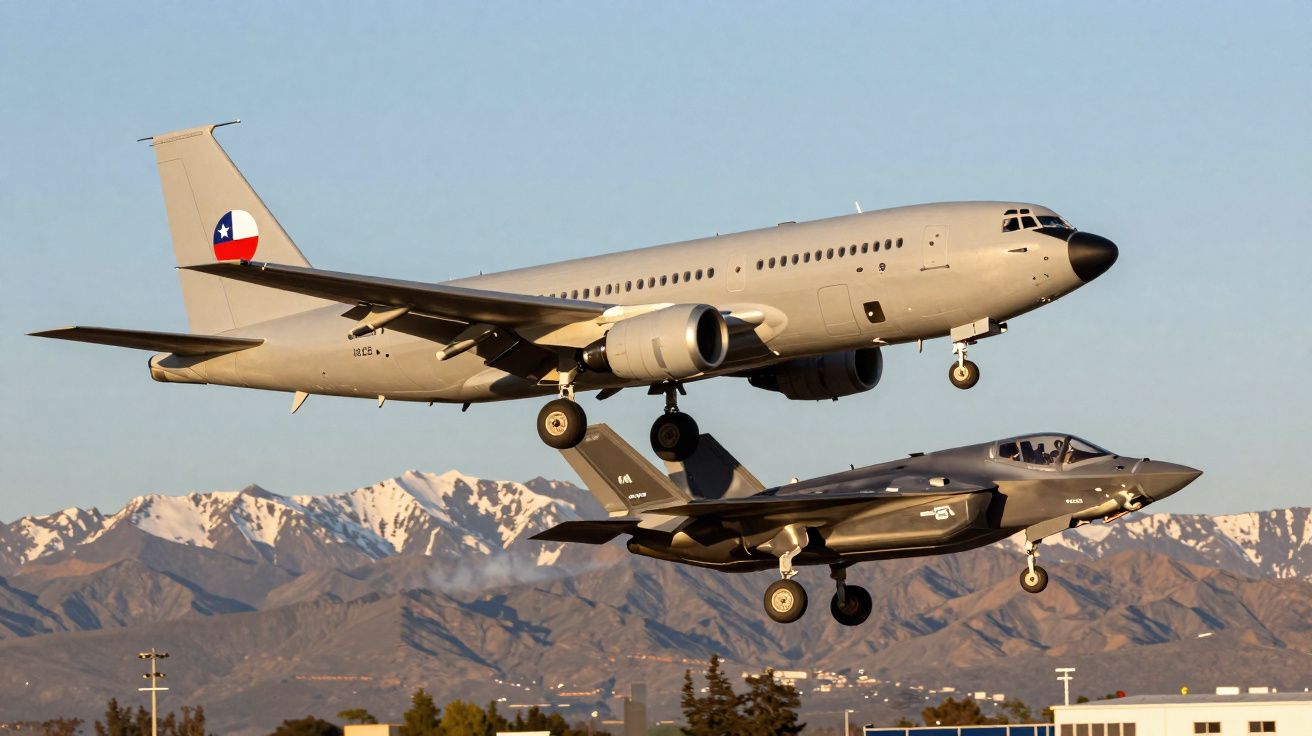 Avião comercial e jato militar em voo baixo com montanhas nevadas ao fundo, em cenário diurno.