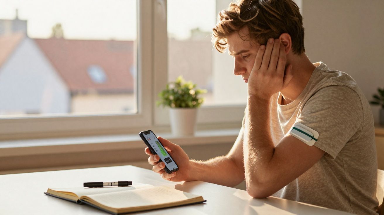 Jovem sentado à mesa com caneta, caderno aberto e a consultar telemóvel numa sala iluminada pela luz natural.