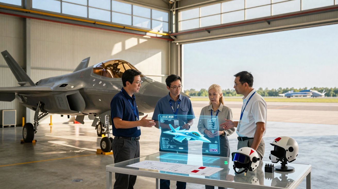 Quatro engenheiros analisam um holograma de um avião militar numa sala de hangar com um jato furtivo ao fundo.