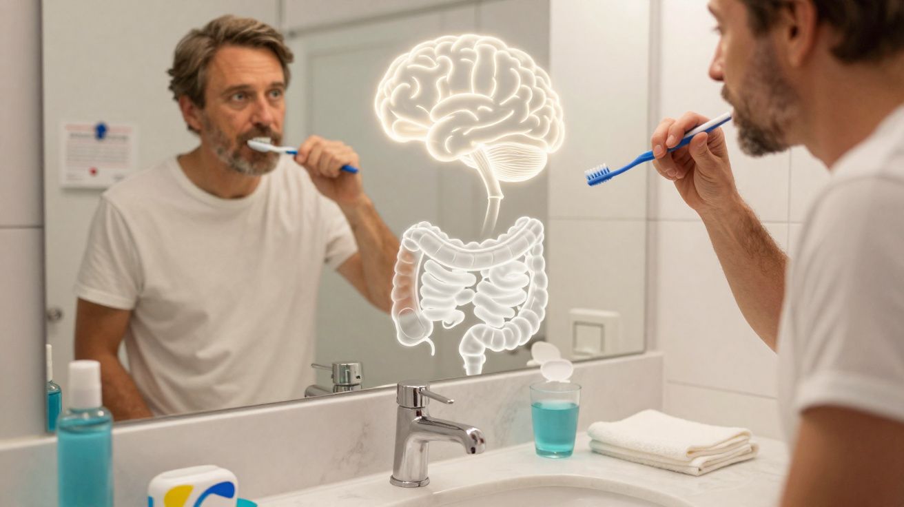 Homem escovando os dentes em casa com ilustração digital de cérebro e intestinos na parede do espelho.