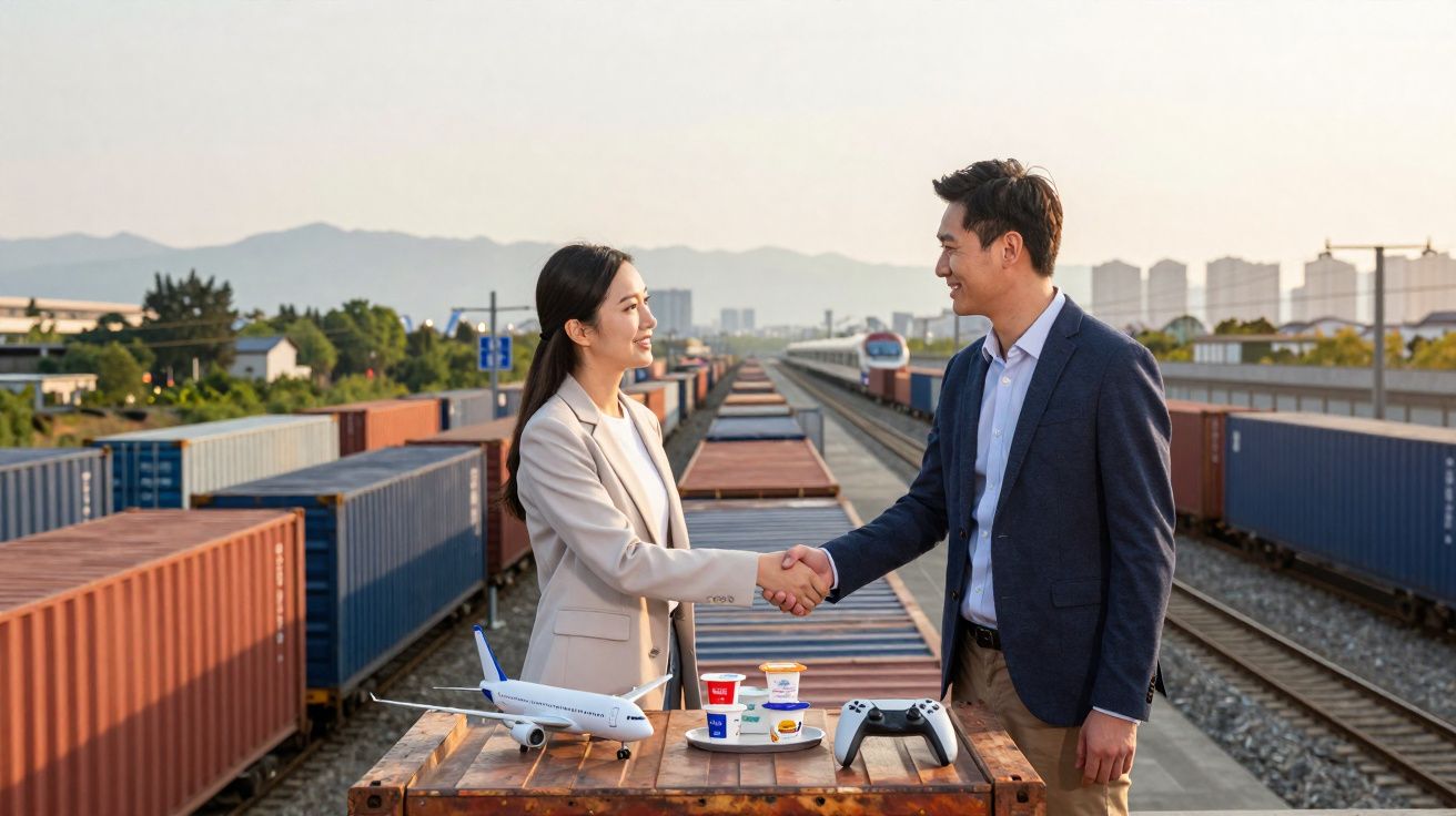 Dois profissionais a cumprimentar-se junto a um comboio de mercadorias, com maquetes e objetos sobre a mesa.