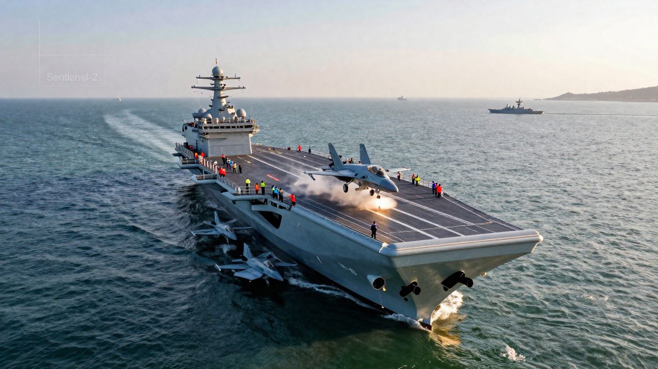 Porta-aviões em mar aberto com avião militar a descolar da pista e tripulação a bordo.