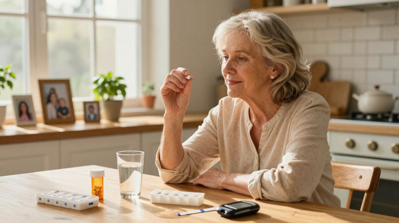 Idosa a tomar um comprimido sentada à mesa da cozinha com medicamentos e um copo de água.