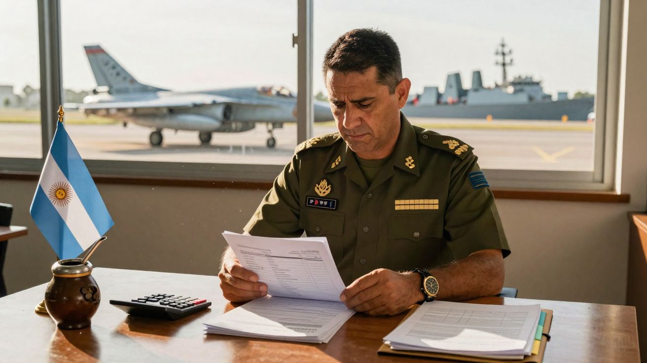 Militar argentino sentado a ler documentos numa secretária com avião e navio militar visíveis pela janela.