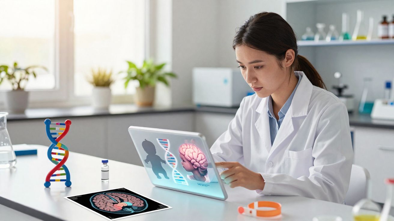 Cientista em laboratório a analisar imagens digitais do cérebro e DNA num computador portátil.