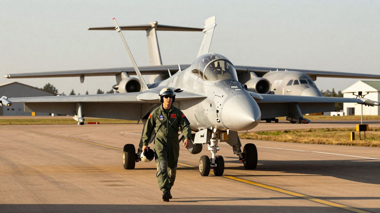 Piloto militar com macacão verde caminha na pista com caça e avião de transporte ao fundo num aeroporto.
