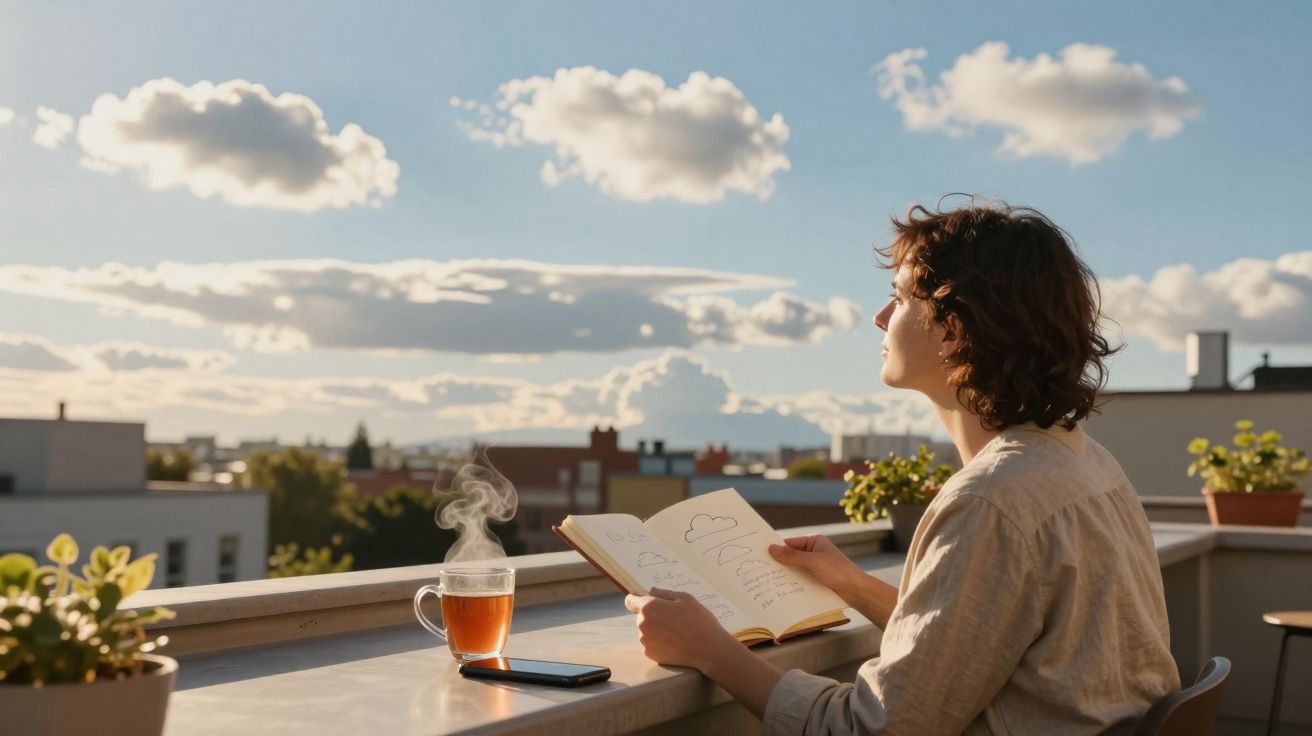 Pessoa sentada numa varanda a ler um livro, com chá quente e telemóvel ao lado, sob céu azul com nuvens.