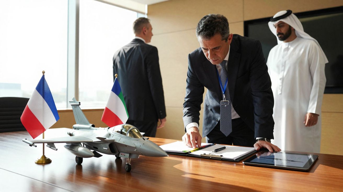 Homem em fato assina documentos numa sala com miniatura de avião e bandeiras da França e Kuwait.