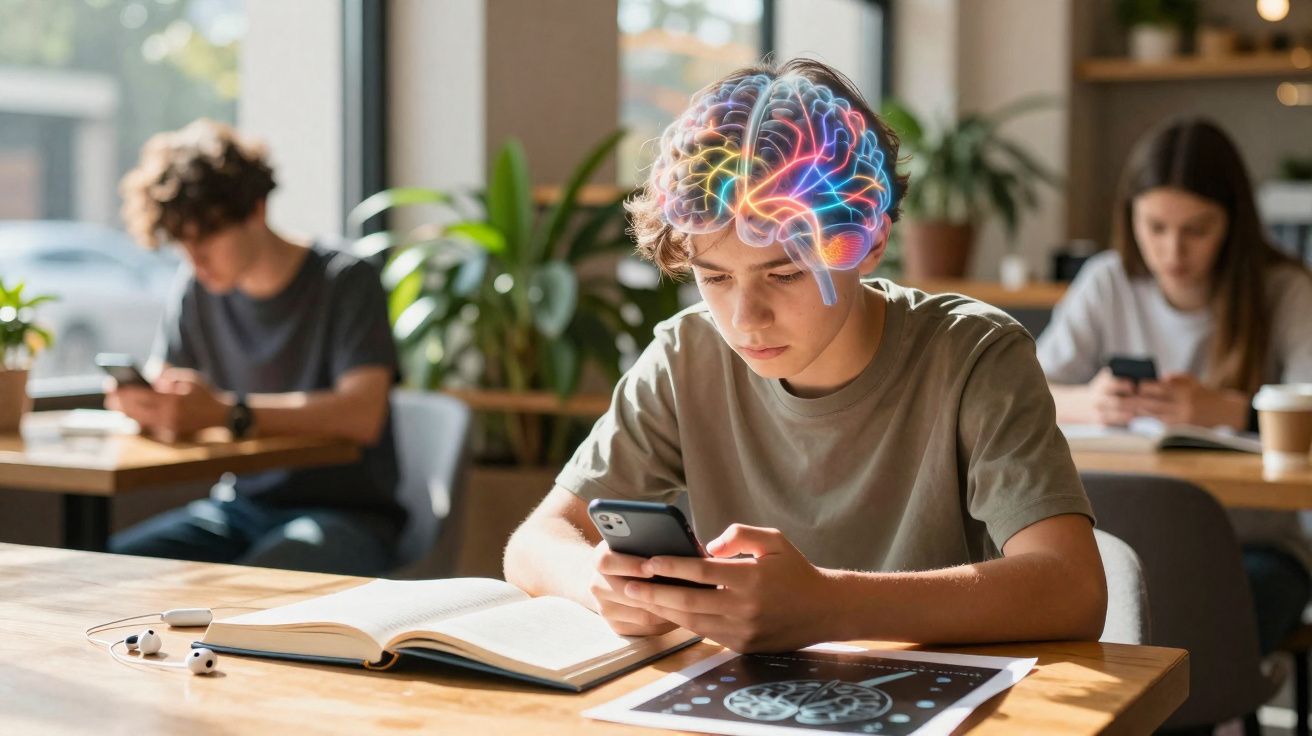 Jovem estudante a usar telemóvel, com cérebro iluminado digitalmente, sentado numa sala de estudo com colegas.