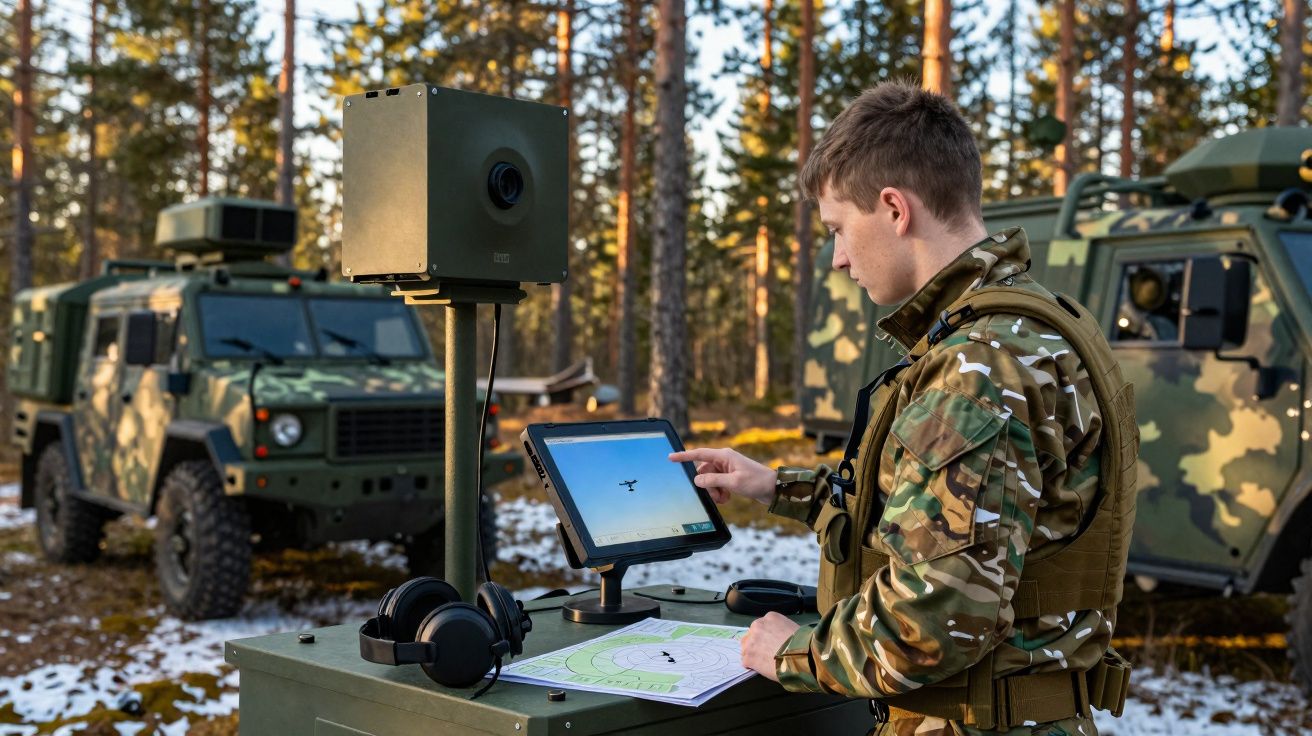 Militar em uniforme camuflado opera controlo de drone em tablet num cenário florestal com veículos militares.