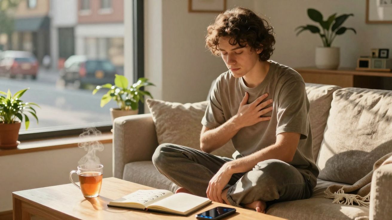 Jovem sentado no sofá com mão no peito, chá quente numa mesa e livro aberto numa sala iluminada pela janela.