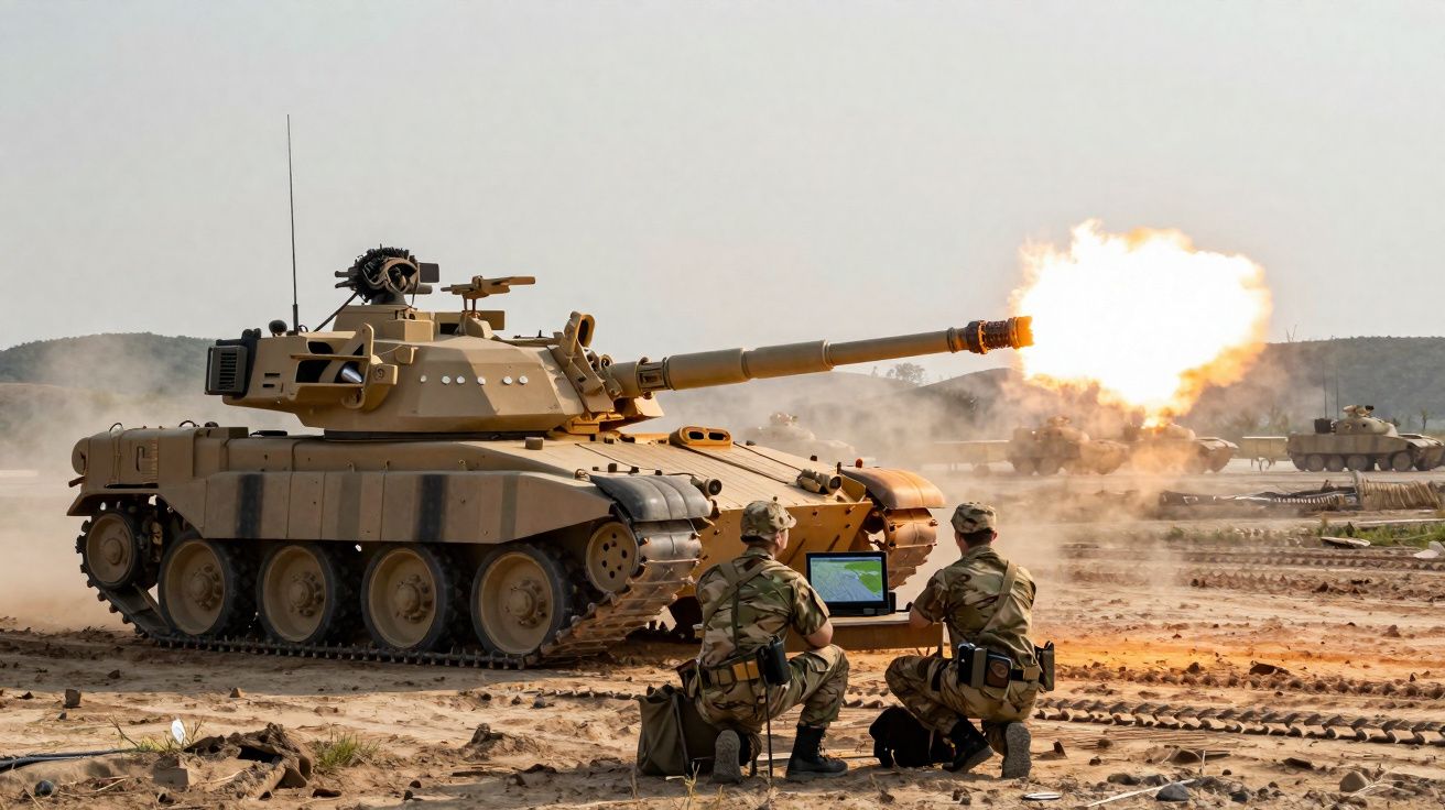 Tanque militar a disparar em campo aberto com dois soldados a operarem equipamento ao lado.