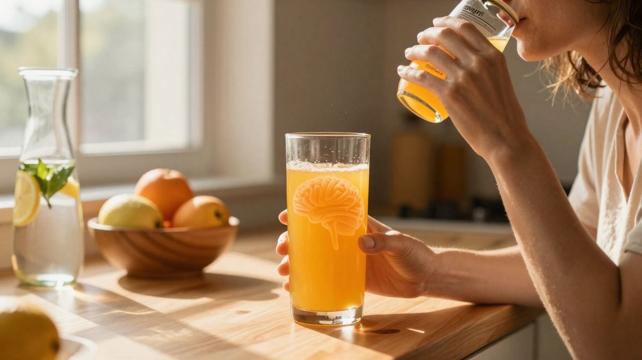Pessoa a beber sumo de laranja num copo decorado com ilustração de cérebro numa cozinha iluminada.