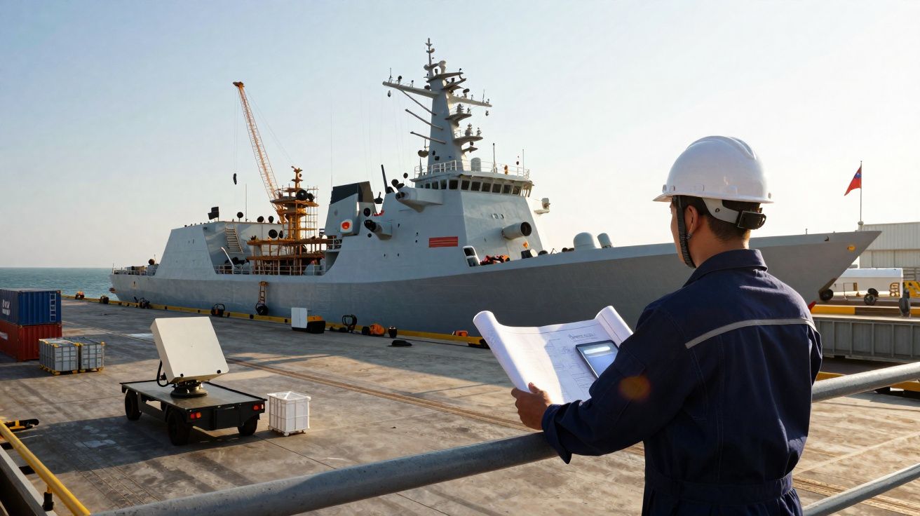 Homem com capacete e uniforme azul verifica documentação junto a grande navio militar atracado no porto.