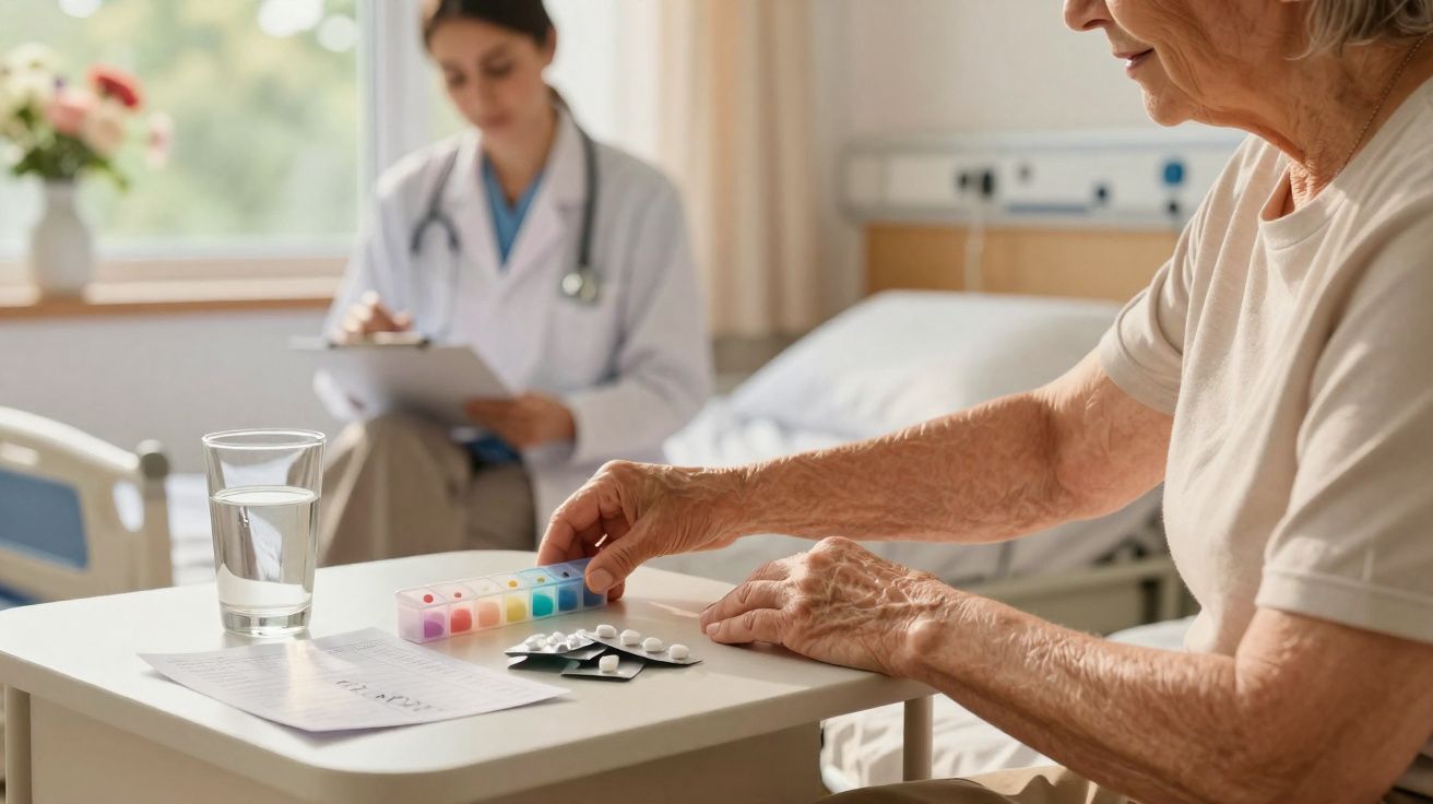 Idosa sentada a organizar medicação com médico ao fundo numa sala de hospital.