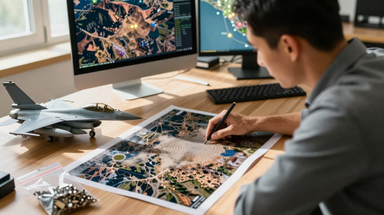 Homem a estudar mapas e estratégias militares com monitor de computador e modelo de avião à frente.