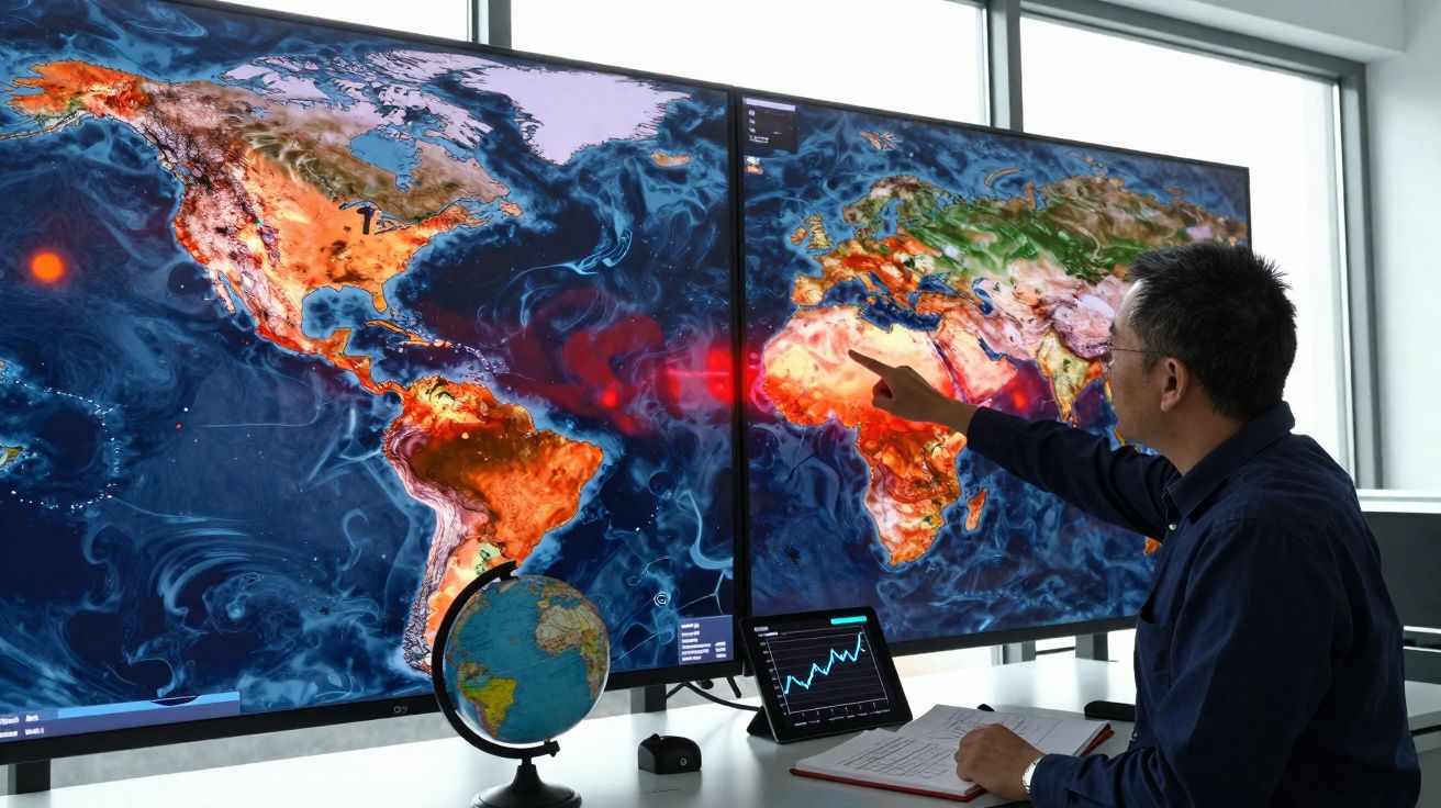 Homem analisa mapas de dados climáticos globais em grandes ecrãs num escritório moderno.