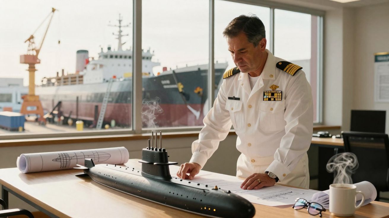Oficial naval em uniforme branco inspeciona maquete de submarino e plantas num escritório com vista para cais e navio.