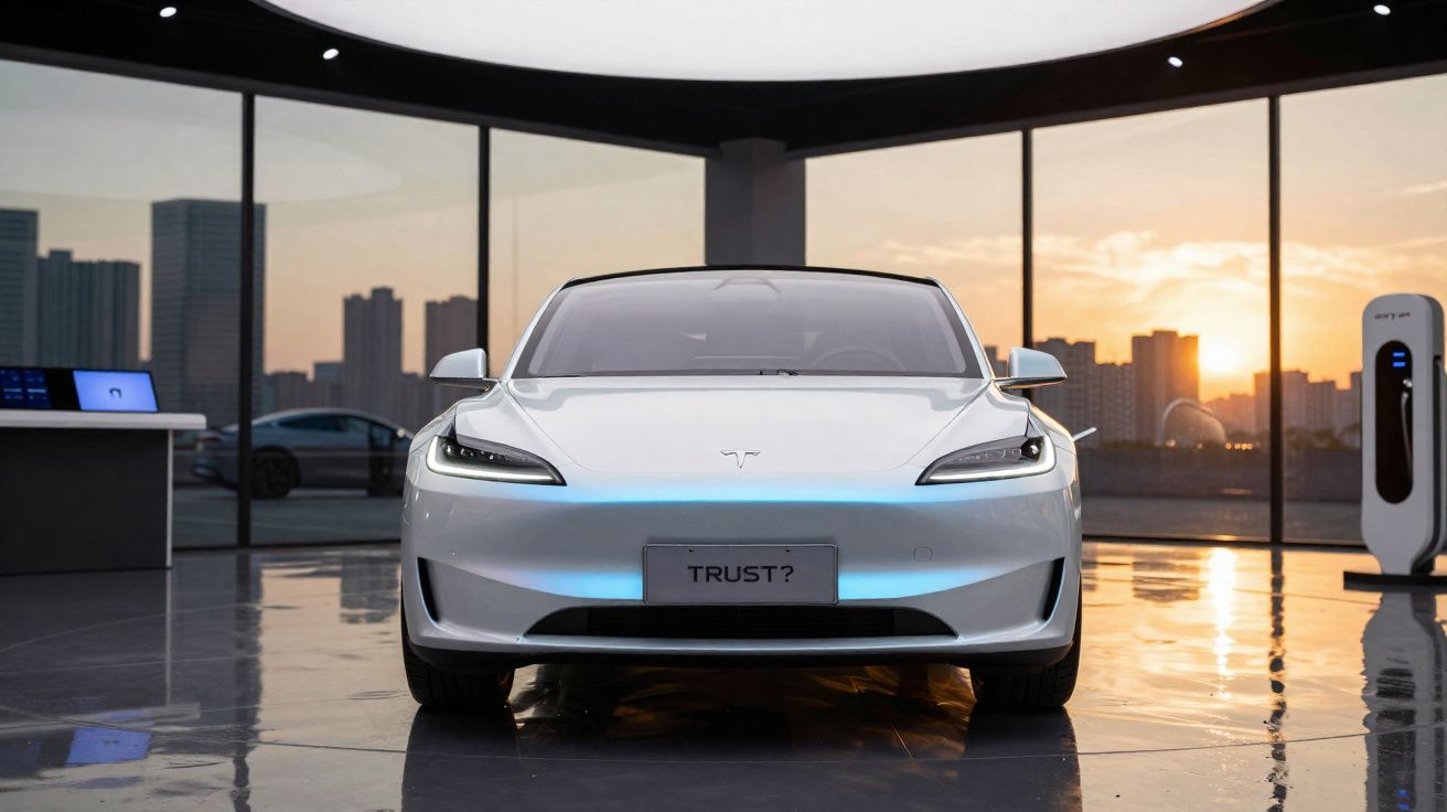 Carro elétrico moderno branco numa sala com janelas grandes ao pôr do sol e placa com a palavra TRUST?