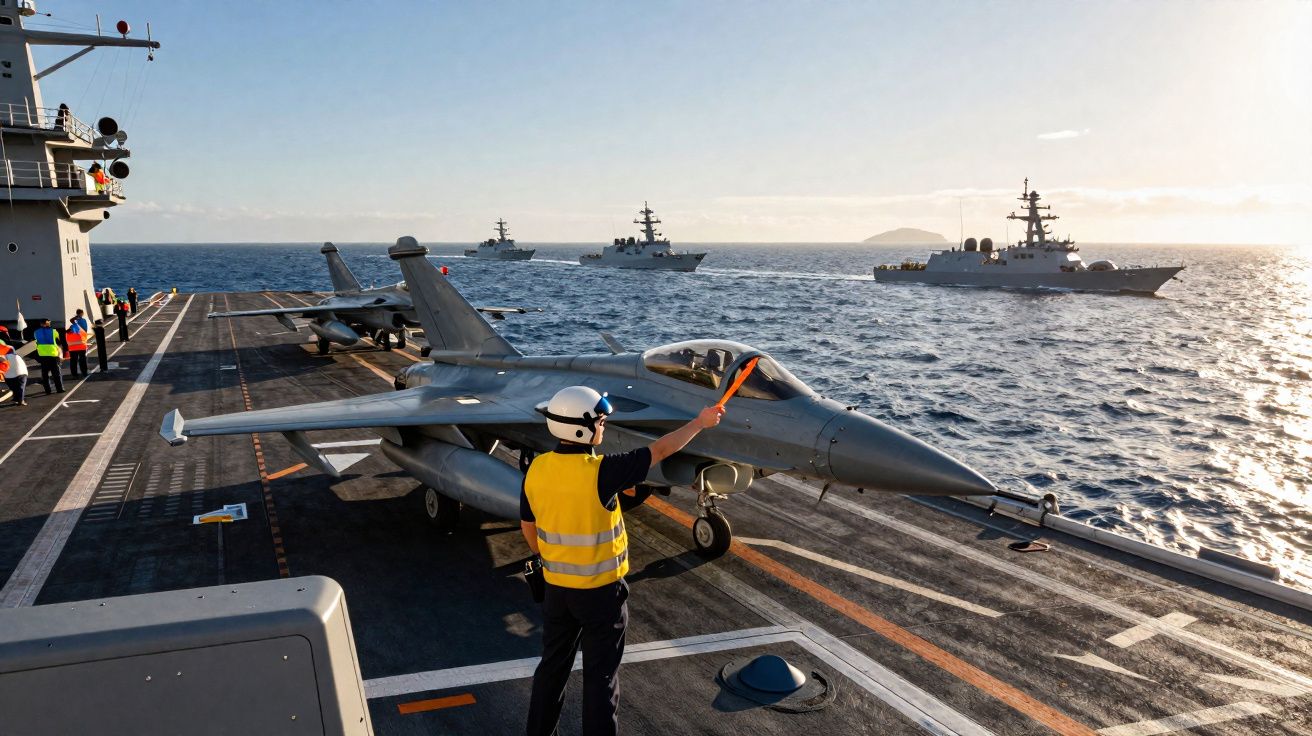 Homem com colete amarelo orienta descolagem de caça no convés de porta-aviões com mais navios militares ao fundo.
