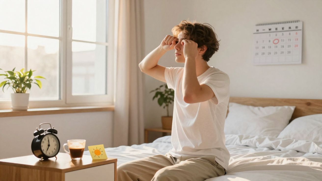 Jovem a espreguiçar-se na cama num quarto iluminado pela luz natural da manhã.