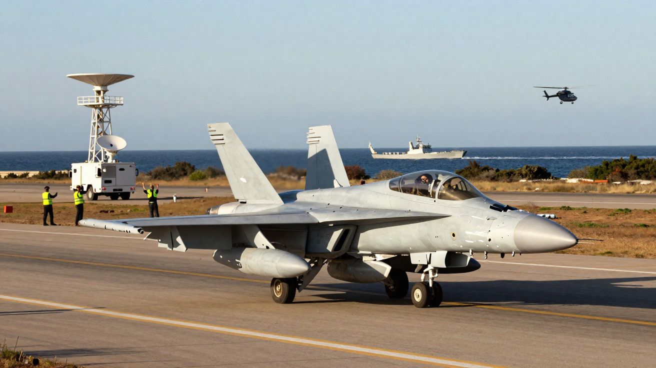Caça militar cinzento estacionado numa pista com mar, helicóptero e navio ao fundo.
