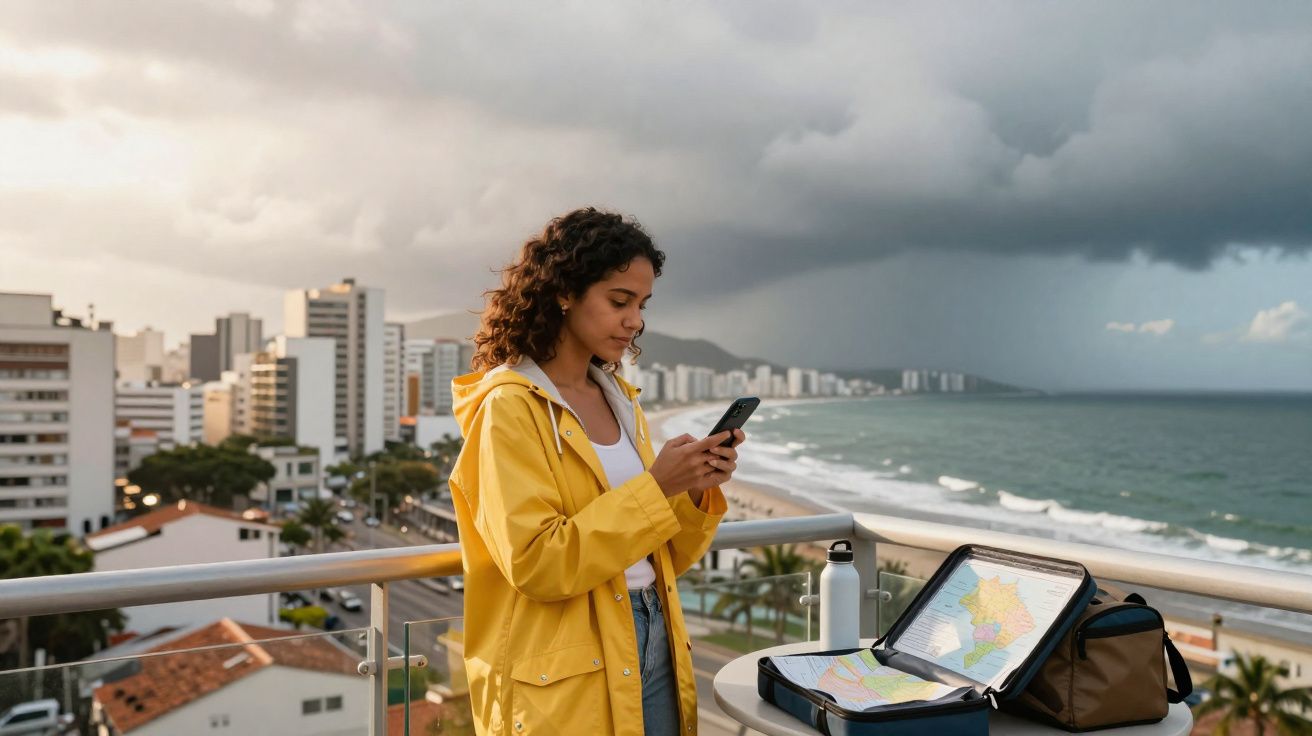 Mulher com impermeável amarelo usa telemóvel na varanda com vista para cidade, praia e mar ao entardecer.