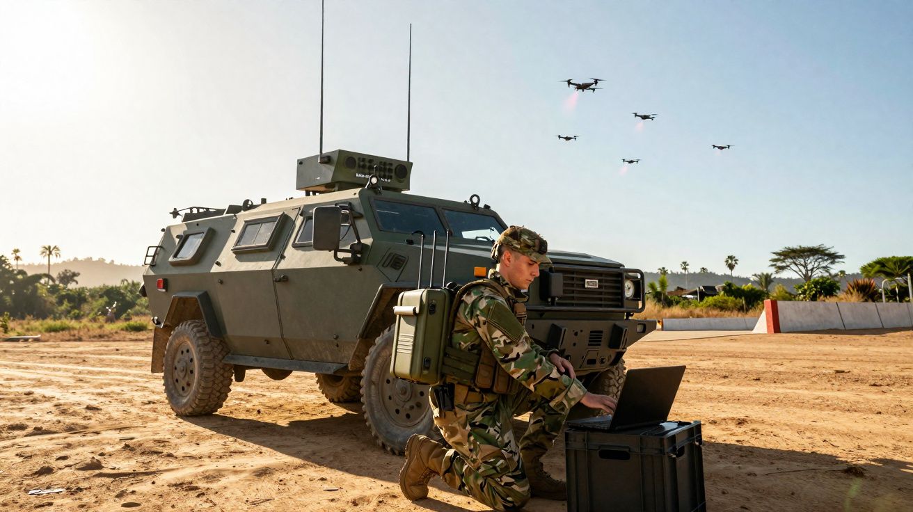 Soldado em uniforme militar opera computador portátil ao lado de veículo blindado enquanto cinco drones voam no céu.