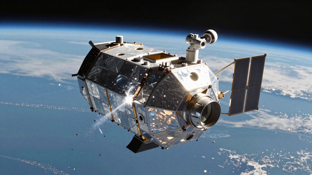 Satélite metálico com painéis solares em órbita terrestre com vista da superfície do planeta e atmosfera.