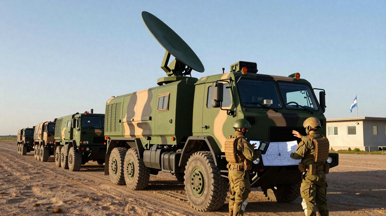 Veículos militares camuflados alinhados em terreno arenoso com dois soldados a consultar mapa junto ao primeiro veículo.