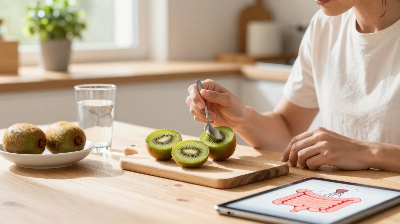 Pessoa a comer kiwi cortado ao meio com uma colher, com um tablet e copo de água numa mesa de madeira.