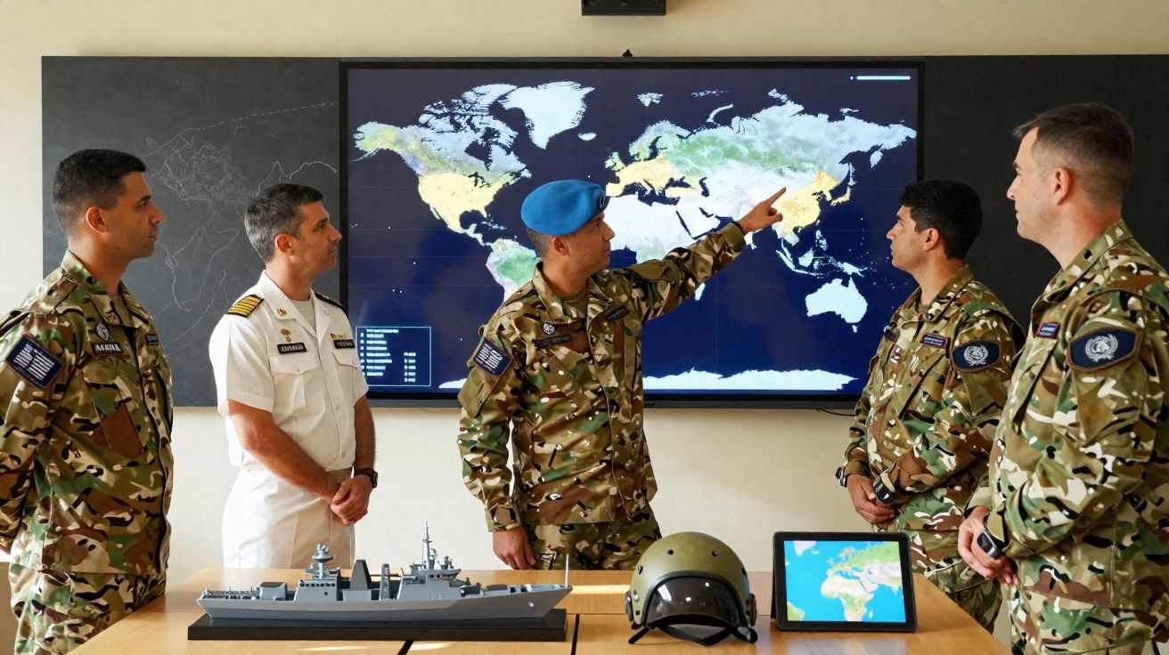 Militares em uniforme discutem estratégia diante de mapa mundial num ecrã digital, com modelos militares na mesa.