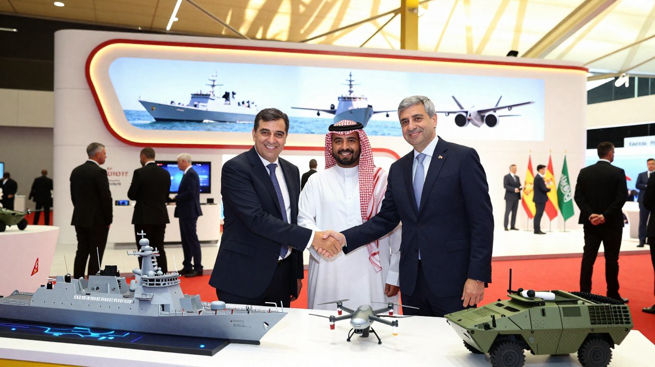 Três homens em traje formal e tradicional apertam as mãos atrás de modelos de navio, drone e veículo militar.