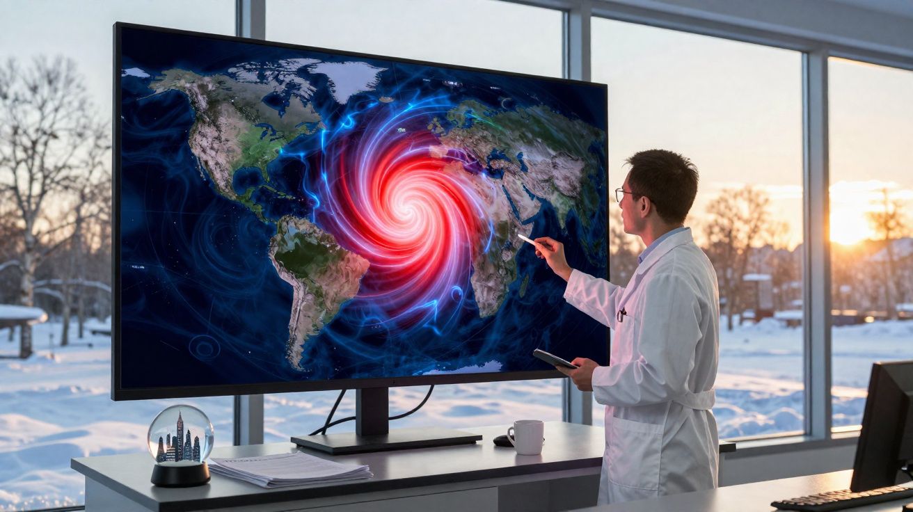 Cientista a analisar ciclone gigante em ecrã com mapa-múndi, em escritório com neve lá fora.