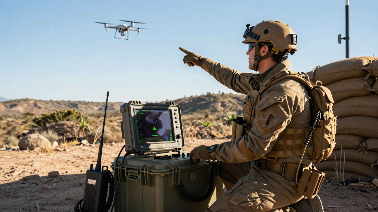 Soldado militar em uniforme a operar drone num terreno árido com equipamento de controlo e areia empilhada.