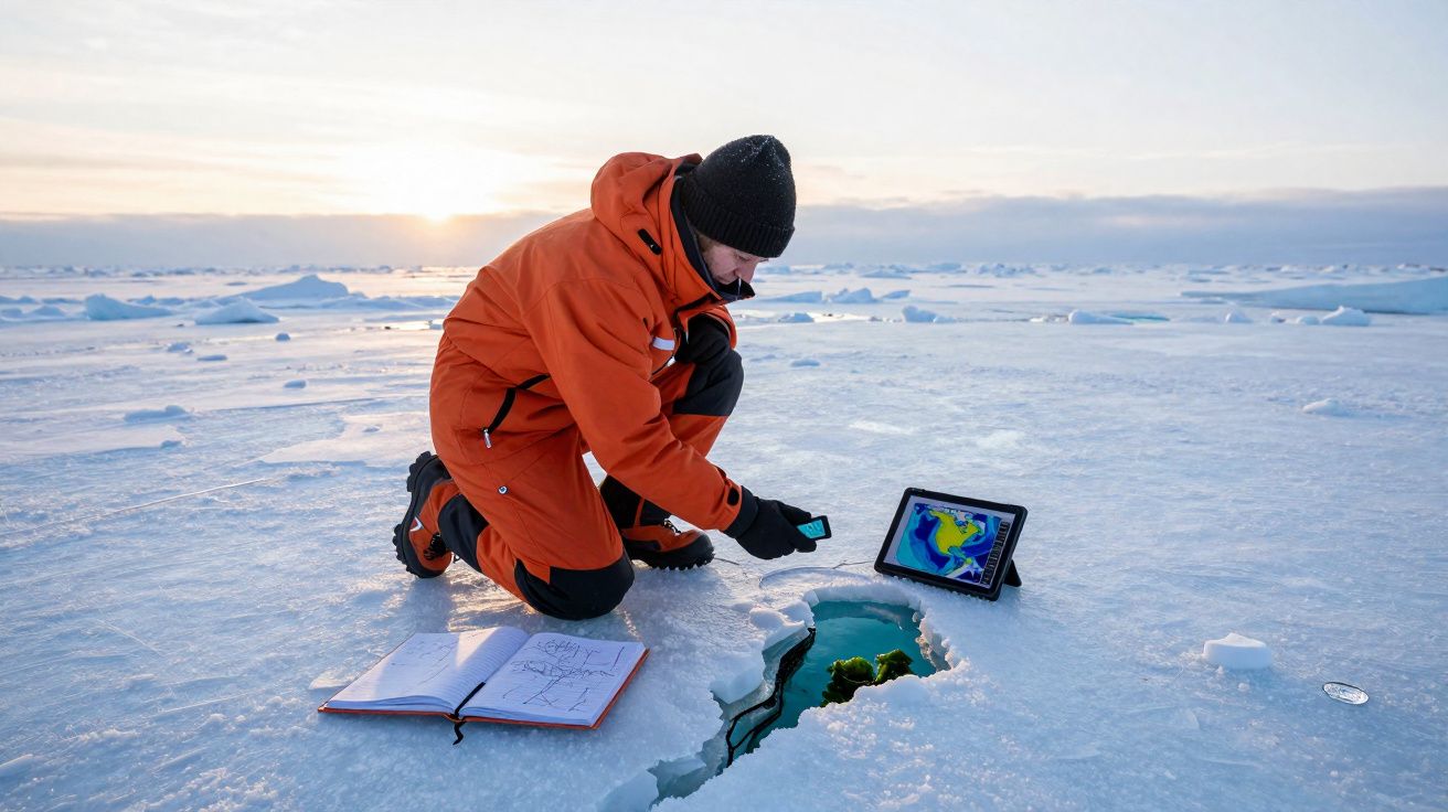 Investigador em fato laranja analisa gelo derretido no Ártico usando tablet e caderno ao amanhecer.