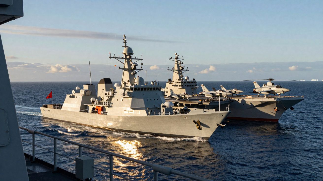 Dois navios de guerra a navegar no mar, um com helicópteros no convés e outro com bandeira vermelha.